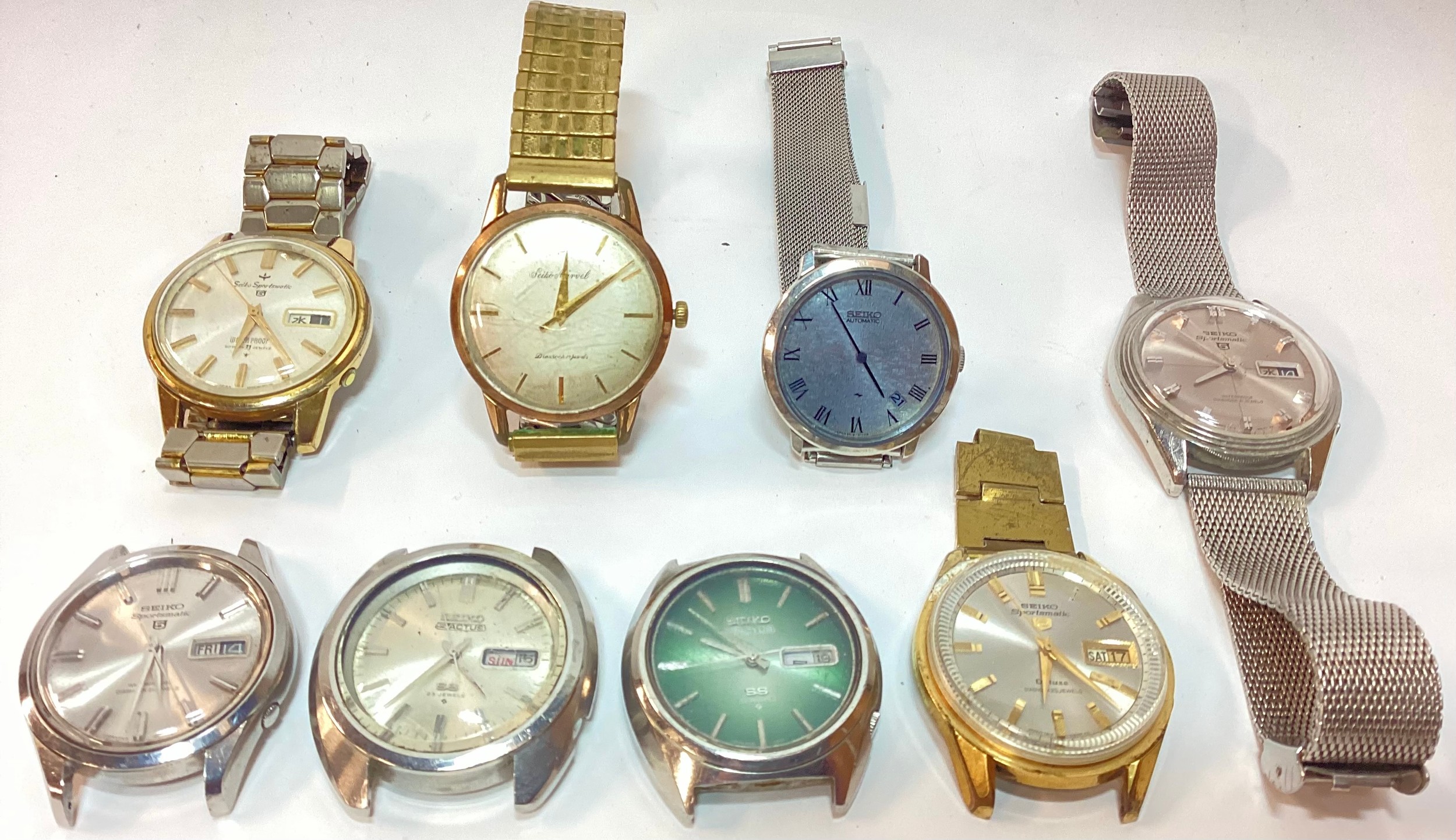 A collection of gents vintage Seiko automatic watches including Actus, Sportsmatic and Marvel