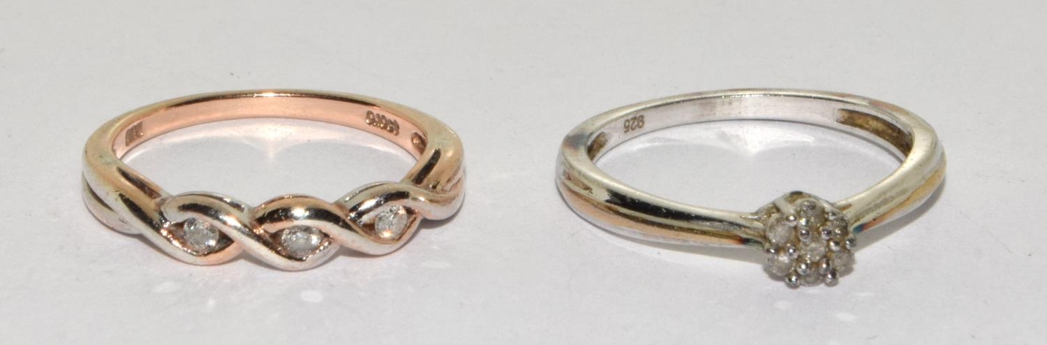 2 x Diamond rose gold on 925 silver rings sizes L and N