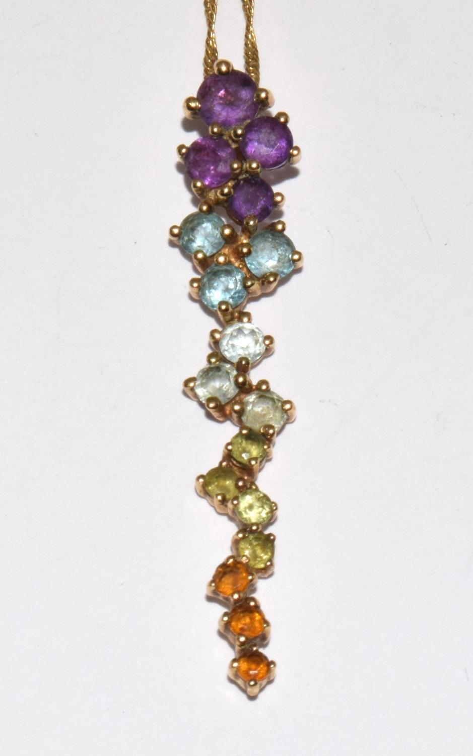 9ct gold Multi jem stone pendant necklace of Peridot, Topaz, Amethyst, and Citrine chain 46cm - Image 2 of 6