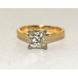 Superb 18ct yellow gold ladies Diamond solitaire ring set as a Princess Cut Diamond of approx 1.