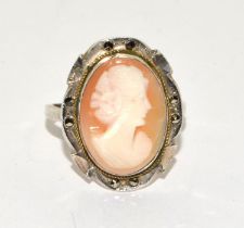Antique Art Deco carved shell cameo silver marcasite ring size P