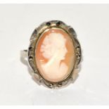 Antique Art Deco carved shell cameo silver marcasite ring size P