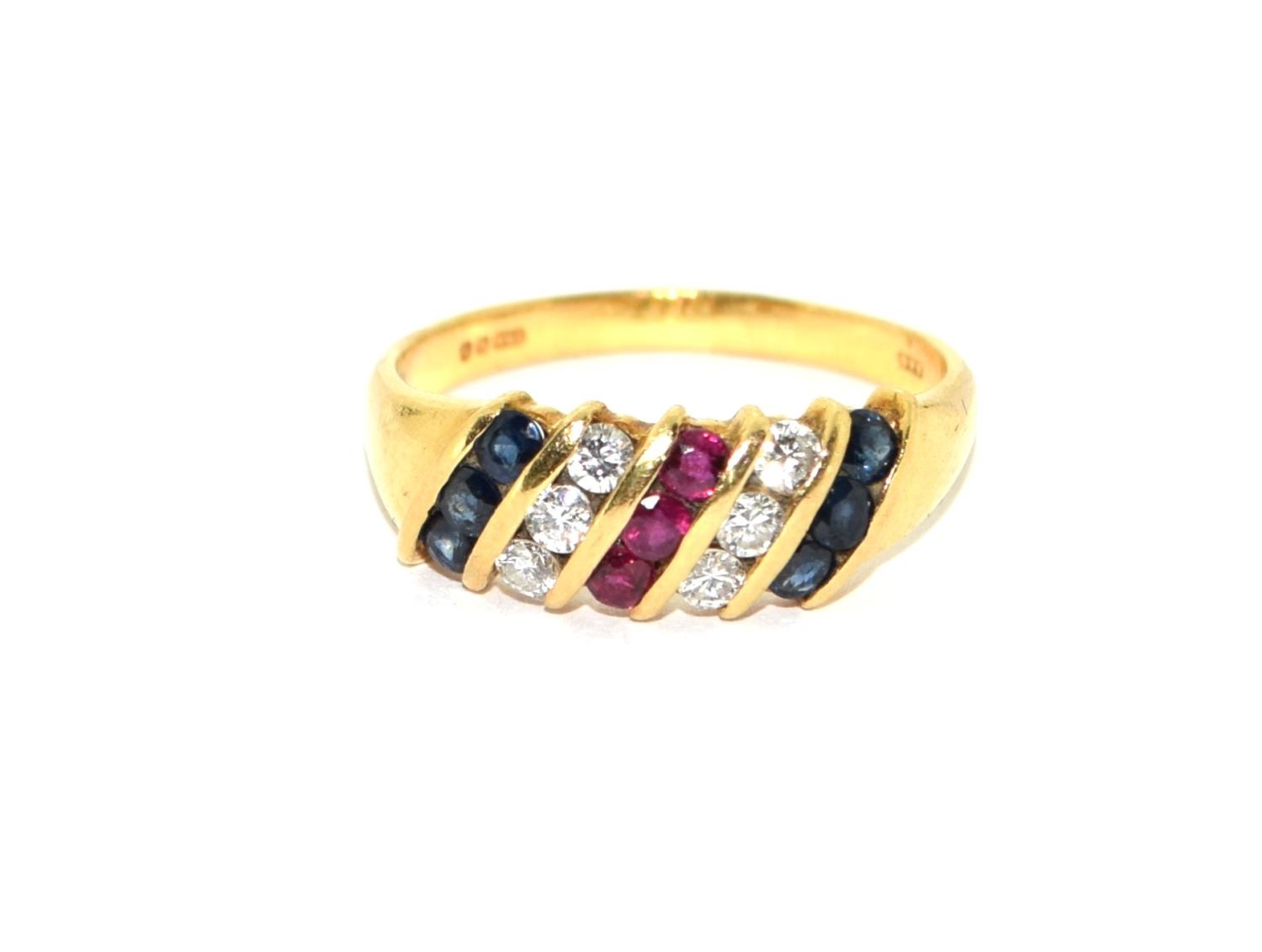 18ct gold Diamond, Ruby and Sapphire ring size P
