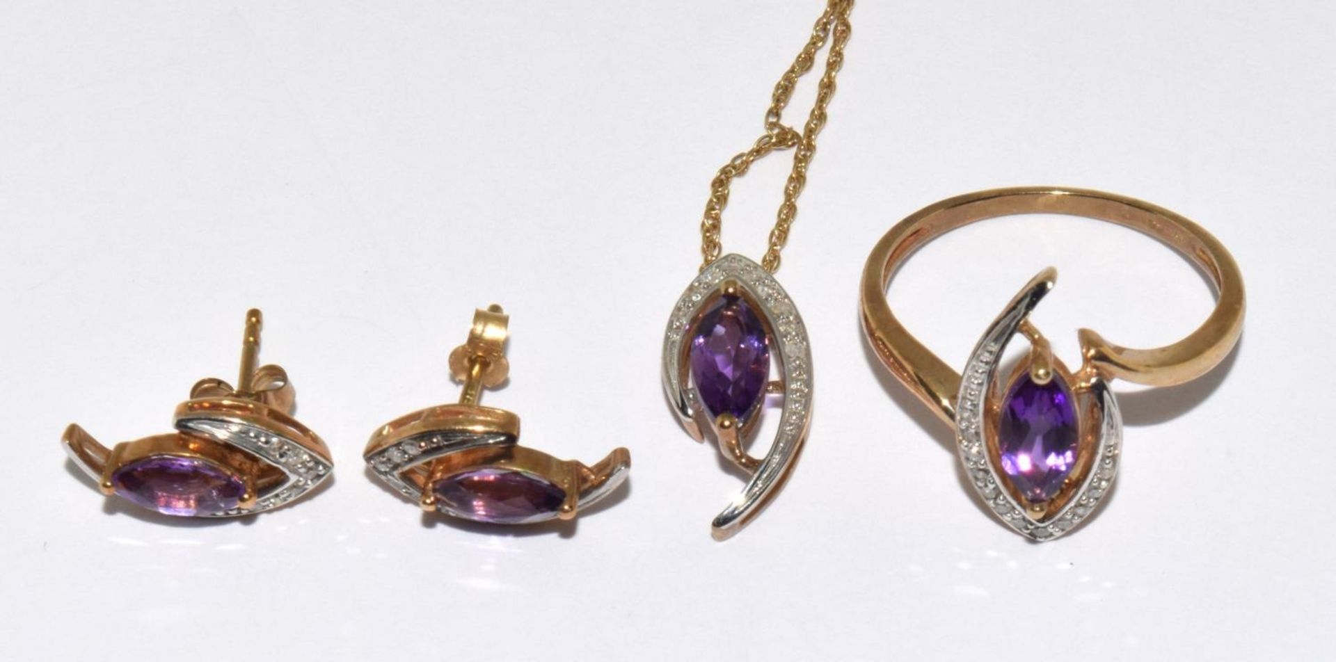 9ct Gold Diamond Marquise Cut Amethyst Earrings, Necklace & Ring Set. Size M - Image 9 of 9