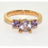 9ct gold ladies 3 stone Amethyst and tanzanite ring size N