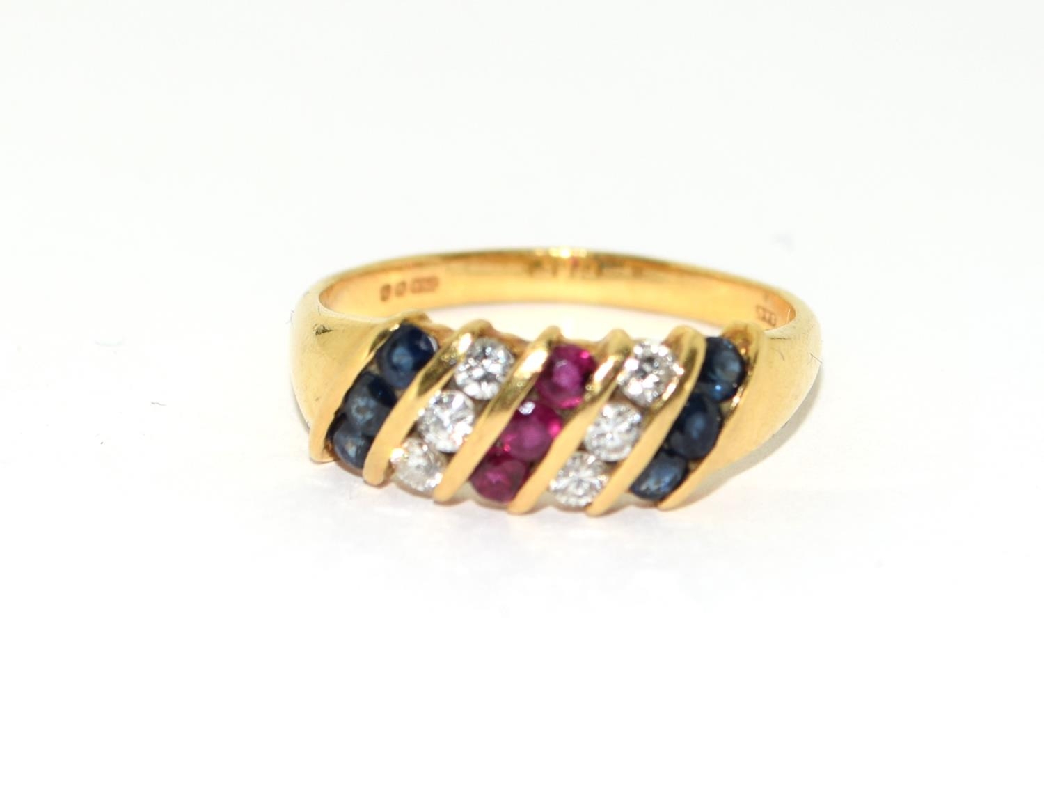 18ct gold Diamond, Ruby and Sapphire ring size P - Image 5 of 5