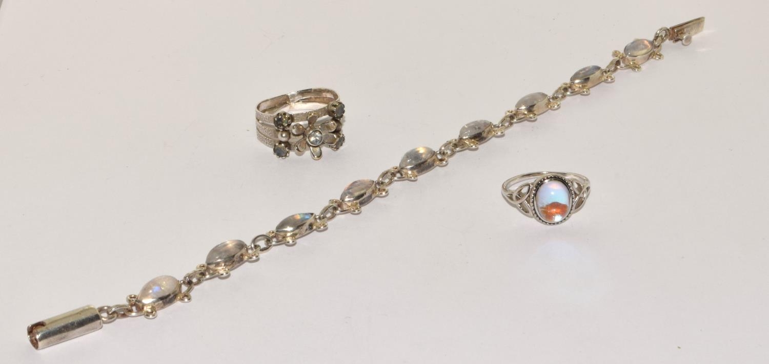 Moonstone bracelet and 2 x 925 silver rings Sizes L 1/2 and Q