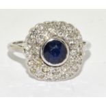 18ct white gold ladies Diamond and Sapphire square face cocktail ring size M