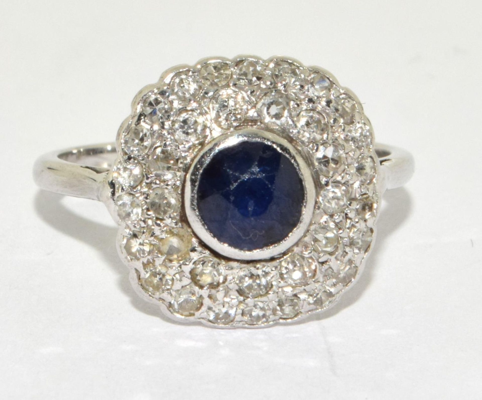 18ct white gold ladies Diamond and Sapphire square face cocktail ring size M