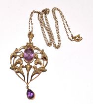 9ct gold Vintage Amethyst and Pearl pendant necklace chain 48cm 6.5g