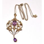 9ct gold Vintage Amethyst and Pearl pendant necklace chain 48cm 6.5g