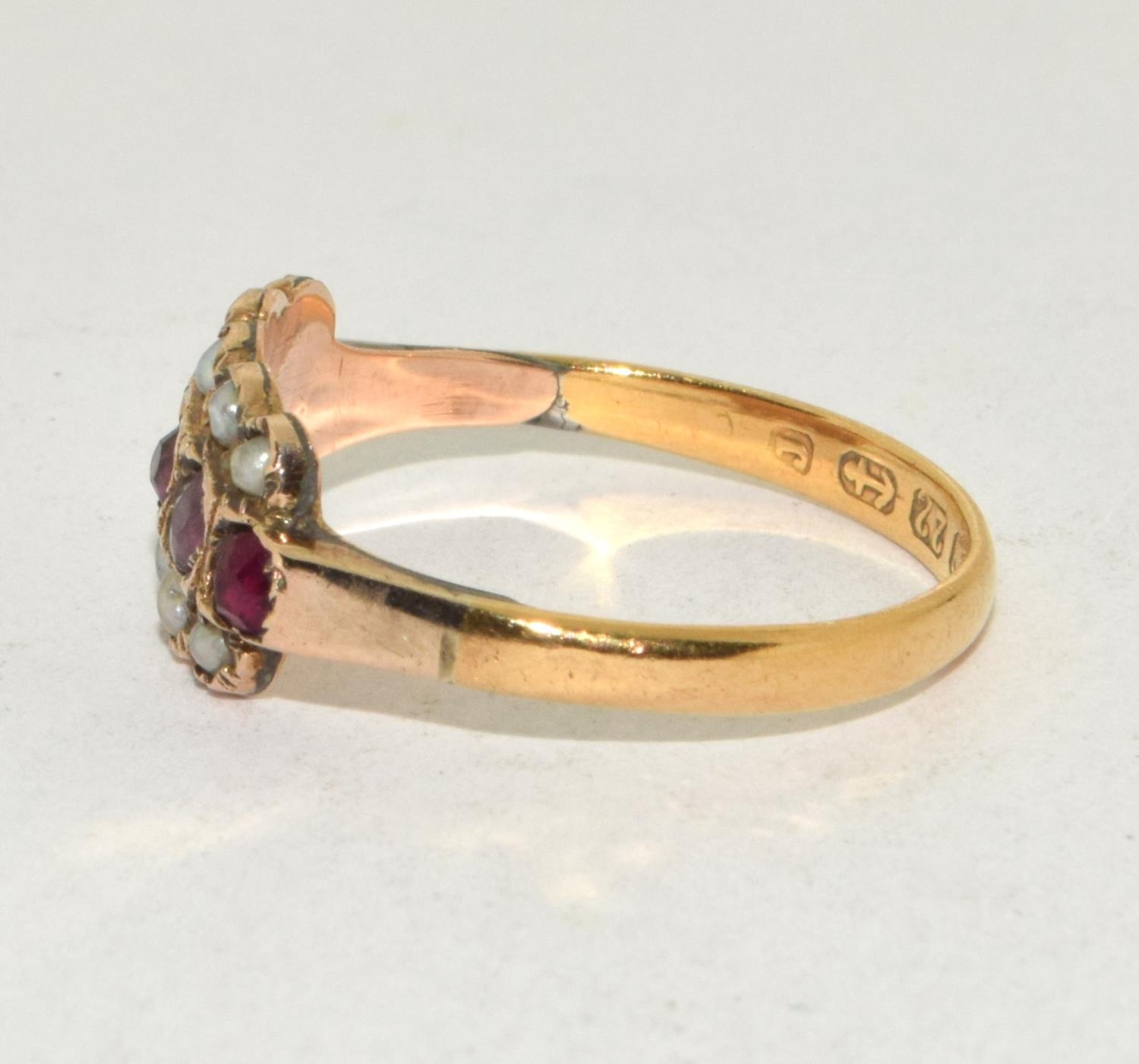 Antique set 22ct gold Ruby and Seed Pearl ring 2.1g size N - Image 2 of 5