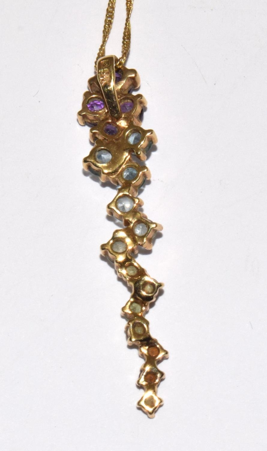 9ct gold Multi jem stone pendant necklace of Peridot, Topaz, Amethyst, and Citrine chain 46cm - Image 4 of 6
