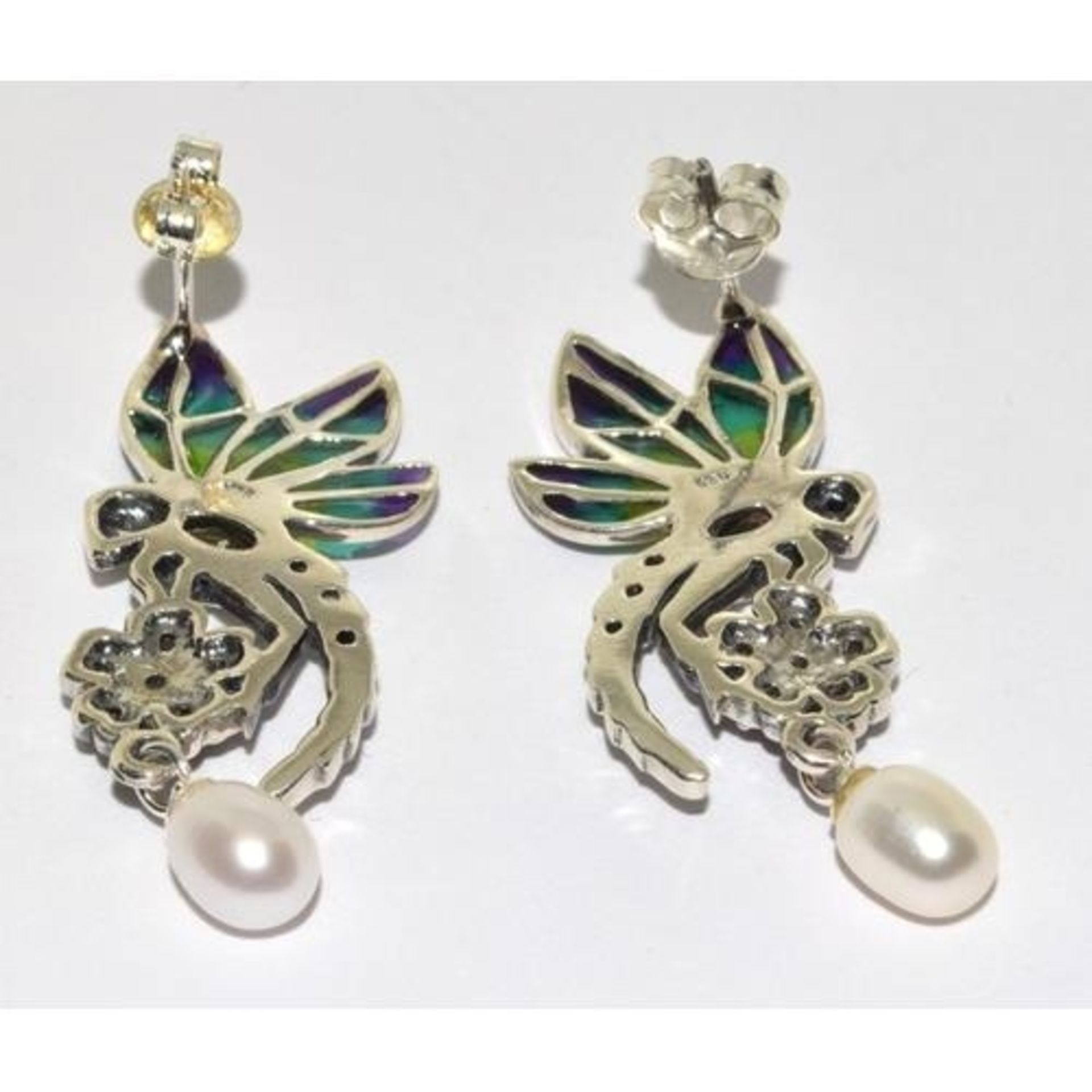 Pair silver green stone and enamelled earrings with pearl drops - Image 3 of 3