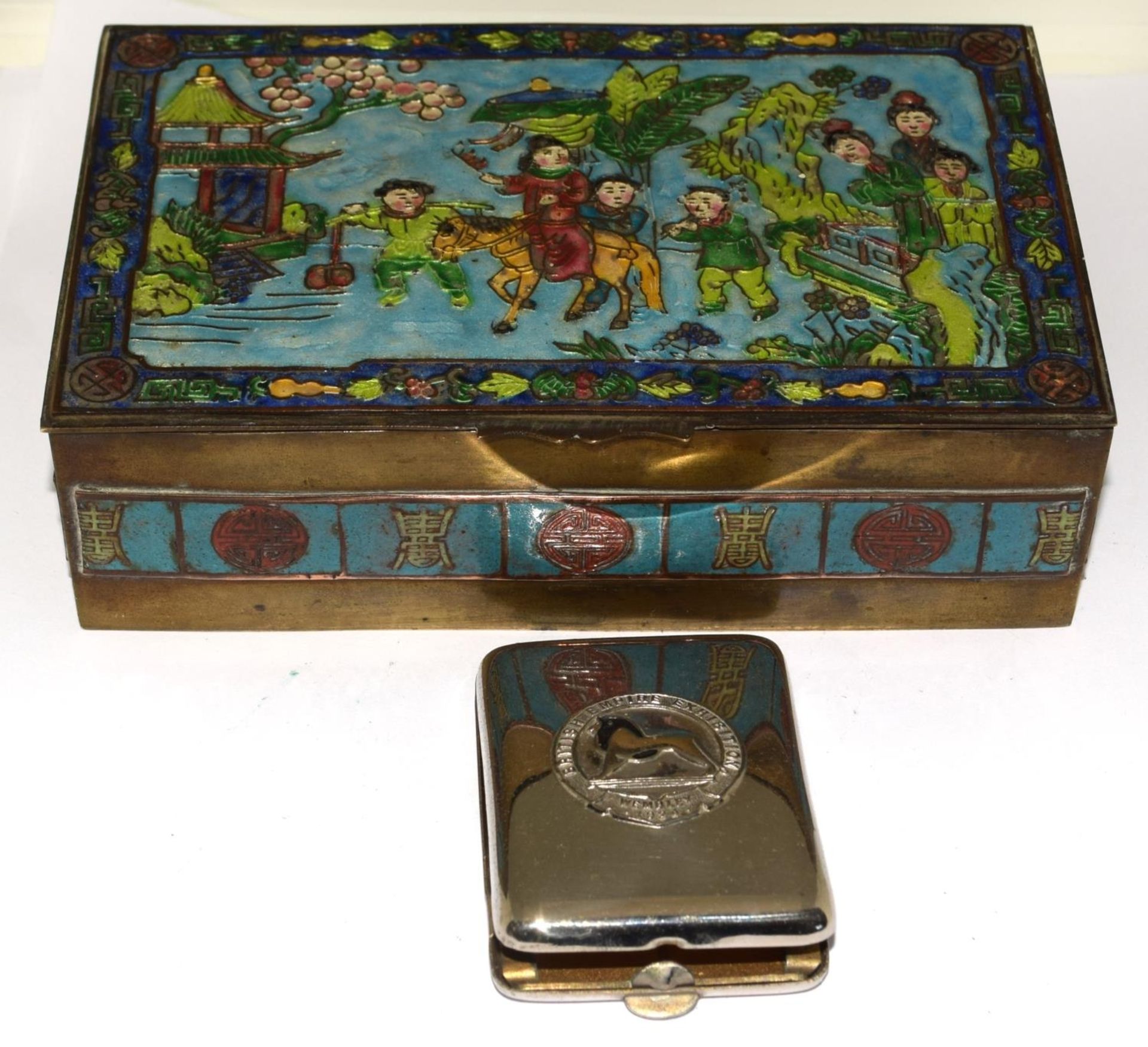 Enamel decorated cigarette case together a match book holder