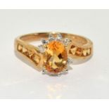 9ct gold ladies Diamond and Amber set ring with amber stones to the shank size P