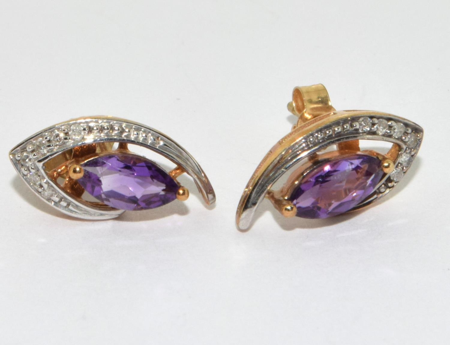 9ct Gold Diamond Marquise Cut Amethyst Earrings, Necklace & Ring Set. Size M - Bild 5 aus 9