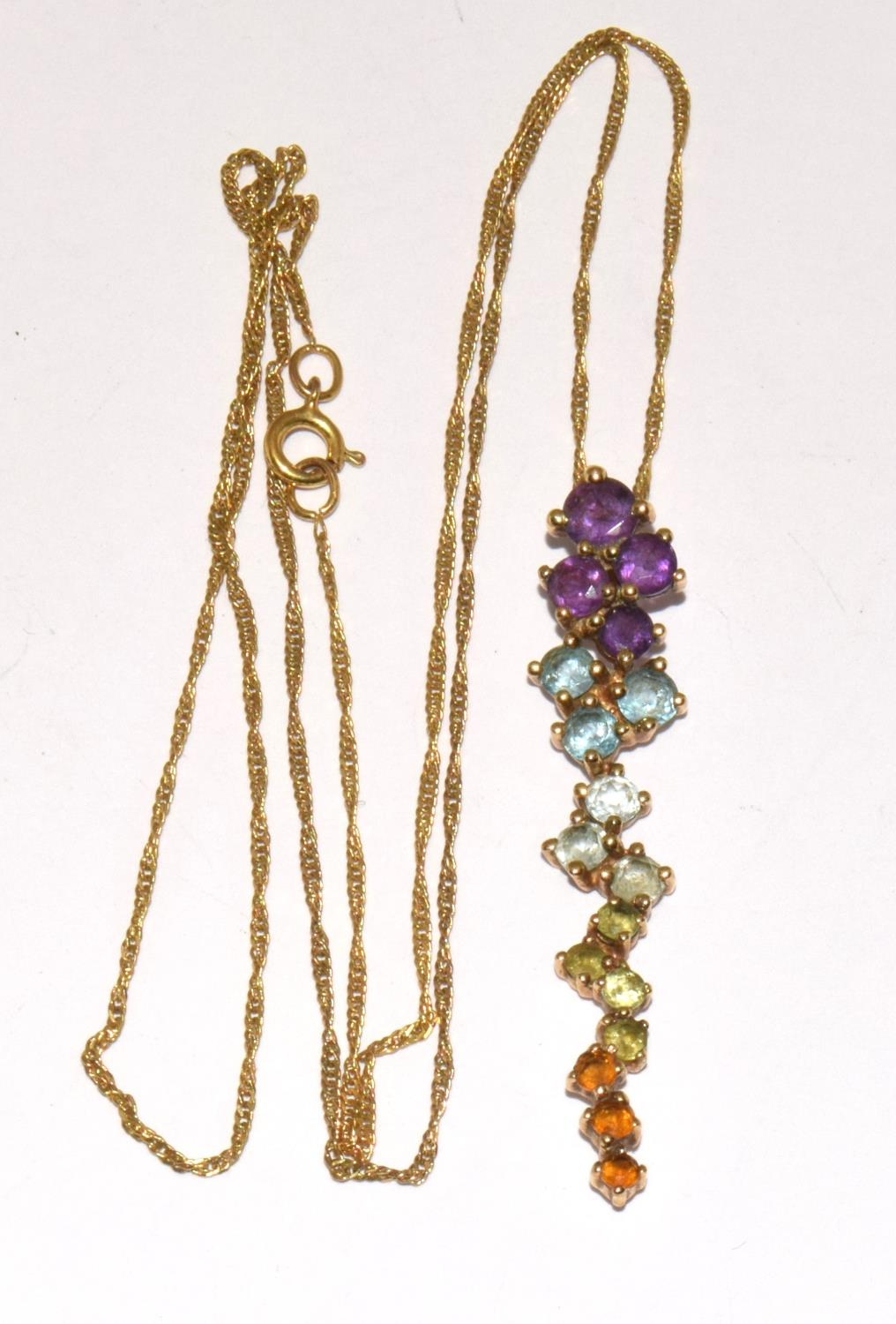 9ct gold Multi jem stone pendant necklace of Peridot, Topaz, Amethyst, and Citrine chain 46cm