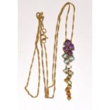 9ct gold Multi jem stone pendant necklace of Peridot, Topaz, Amethyst, and Citrine chain 46cm