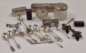 Mixed quantity of silver flat wear t-spoons etc a silver brush and silver top pots with other misc