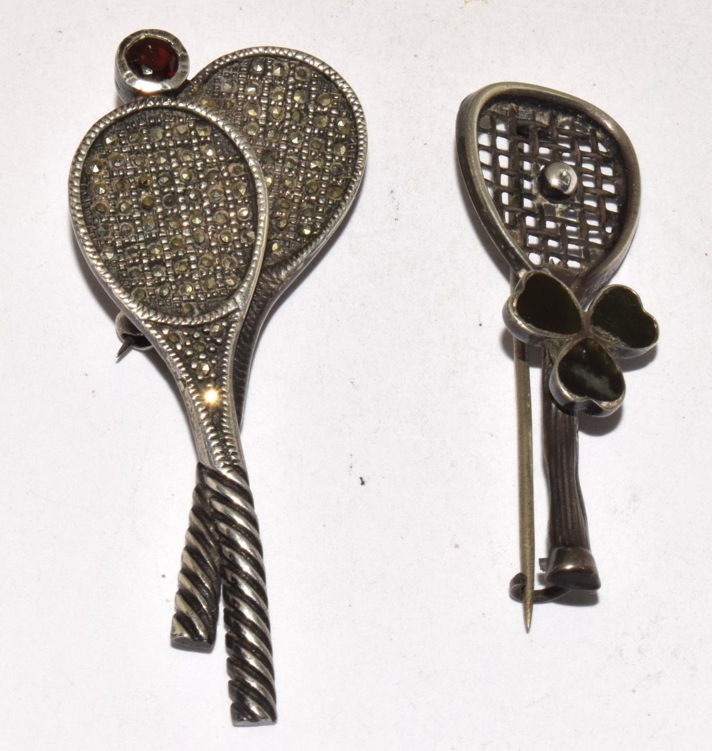 2 x silver hallmarked Marcasite set Tennis racket brooches - Image 2 of 6