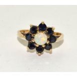 Vintage 9ct gold Opal and Blue sapphire cluster ring size N