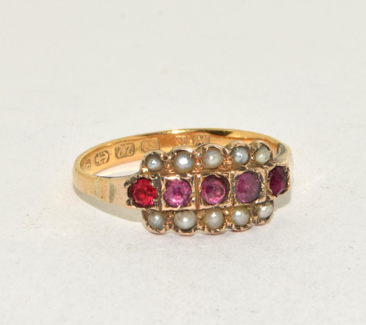 Antique set 22ct gold Ruby and Seed Pearl ring 2.1g size N - Image 5 of 5