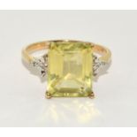 9ct gold ladies Diamond and Peridot ring with a large square center stone size N