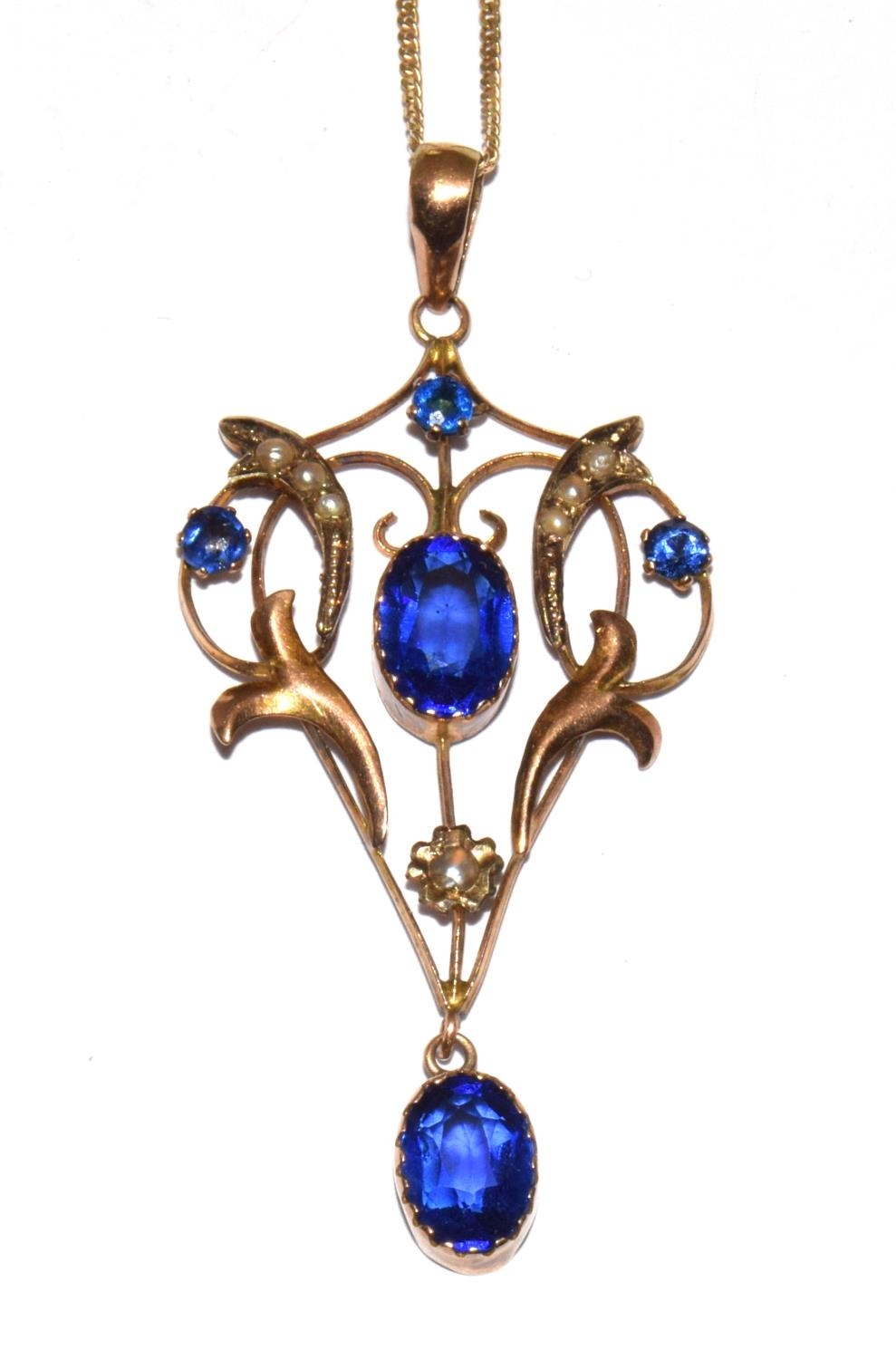 9ct gold Belle Epoque pendant set with blue stones and pearls on a gilded chain - Image 2 of 6