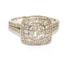 18ct white gold ladies Diamond halo ring in a square design ring is H/M diamond at 1.08ct size Q