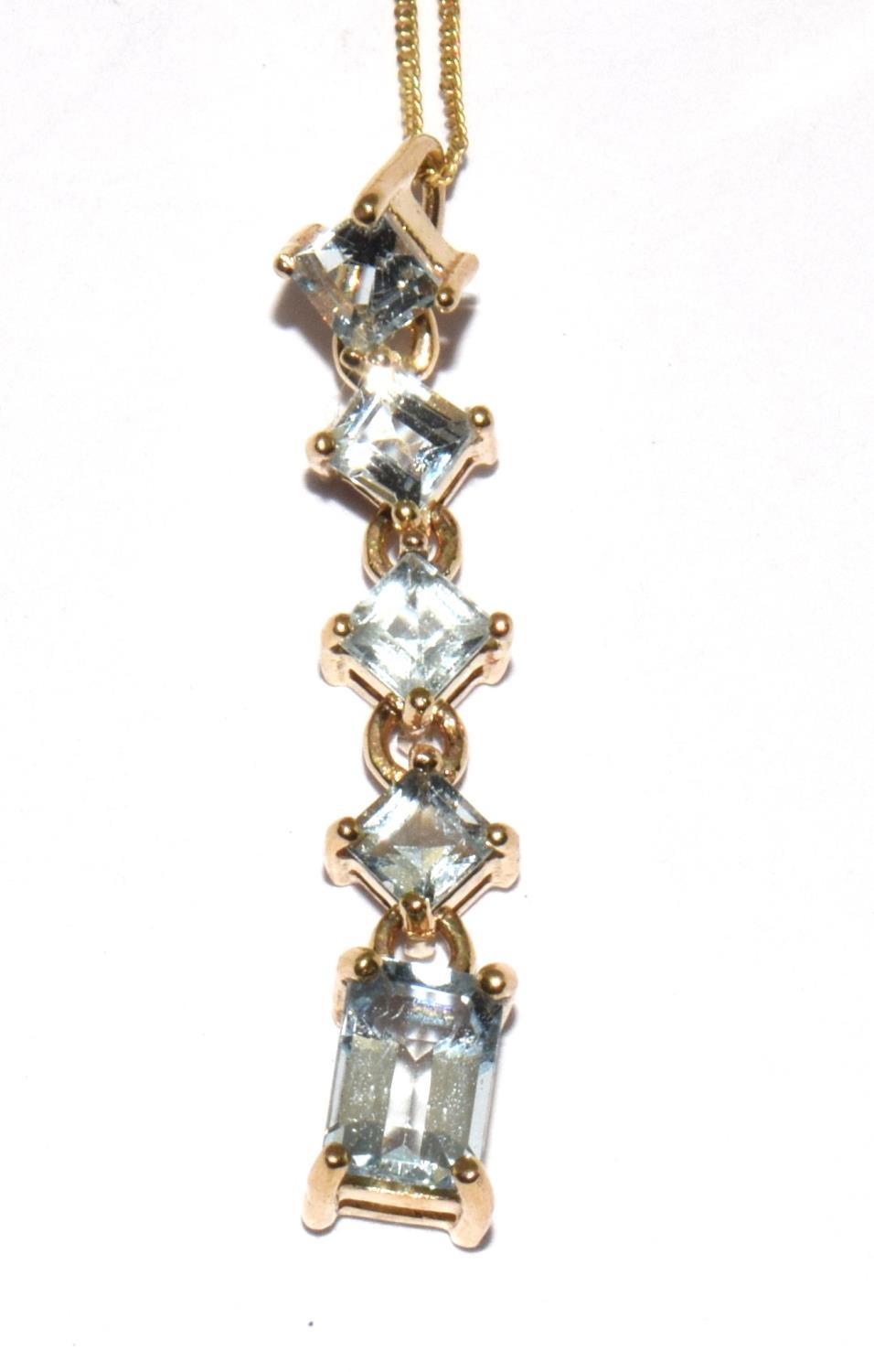 9ct gold 5 stone drop Aquamarine pendant necklace with chain 40cm - Image 2 of 7