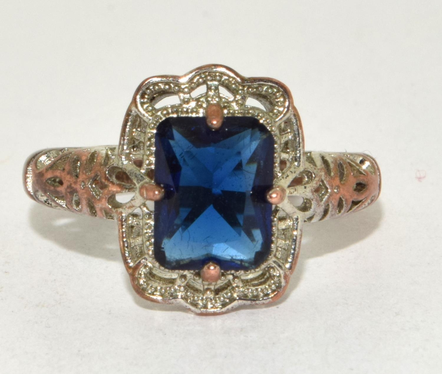 Silver gilt Vintage large set Sapphire ring in an open work setting size S