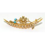 Yellow metal high value gold Turquoise and Pearl 1/2 moon brooch 3.3g