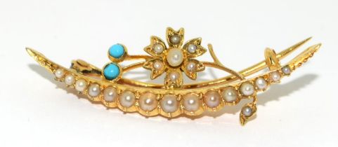 Yellow metal high value gold Turquoise and Pearl 1/2 moon brooch 3.3g