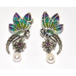 Pair silver green stone and enamelled earrings with pearl drops