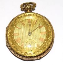 18ct gold pocket watch with embossed side decoration and face having a subsidiary dial with roman