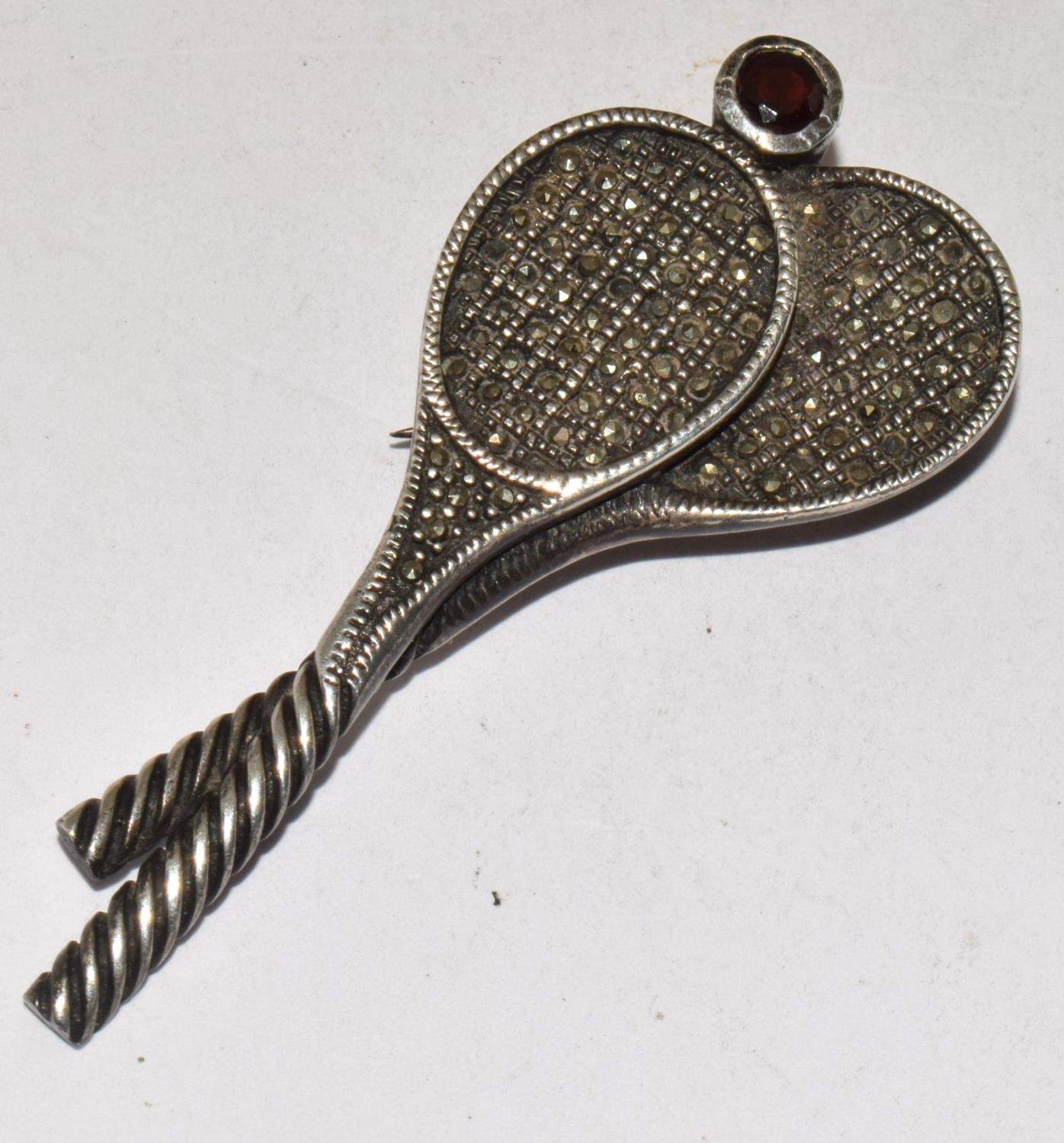 2 x silver hallmarked Marcasite set Tennis racket brooches - Image 5 of 6