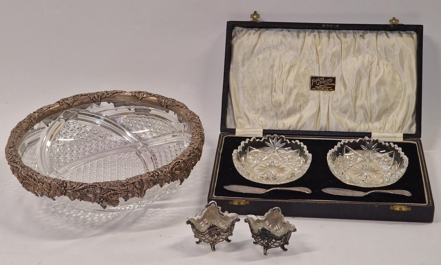 925 silver cut glass center table bowl with grape decoration together a pair of silver salts with
