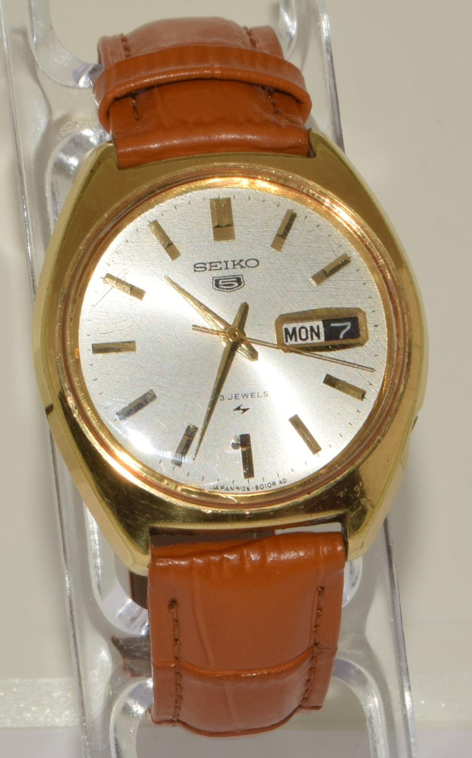 Seiko 5 day date watch on brown leather strap no 5126-8010, serial no. dates this watch to May 1967.