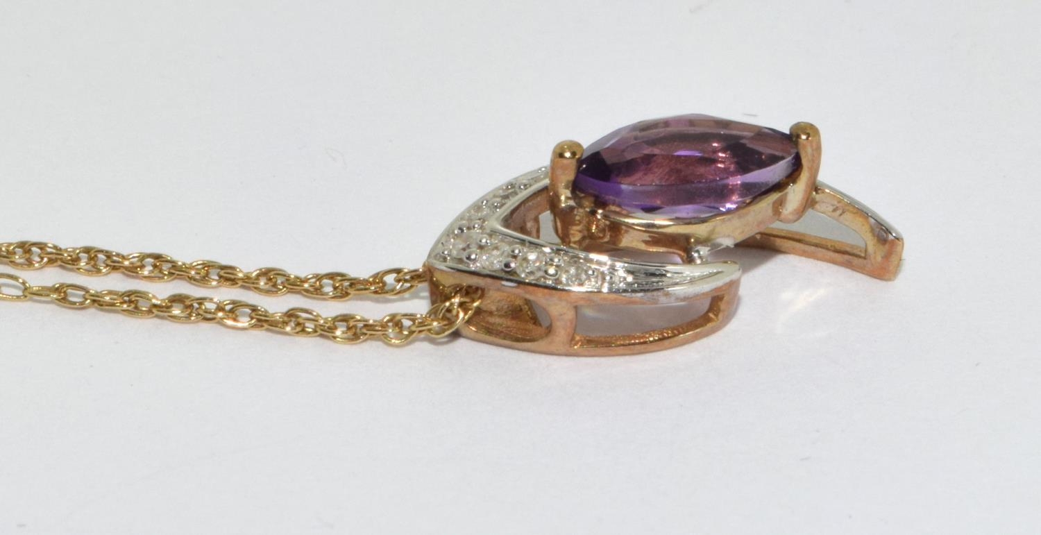 9ct Gold Diamond Marquise Cut Amethyst Earrings, Necklace & Ring Set. Size M - Image 8 of 9