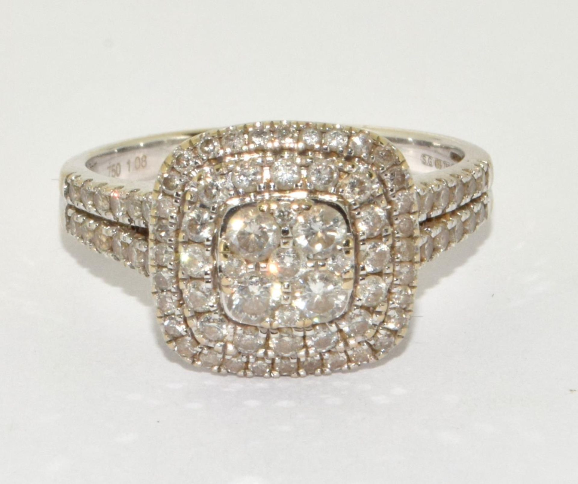 18ct white gold ladies Diamond halo ring in a square design ring is H/M diamond at 1.08ct size Q - Image 5 of 5