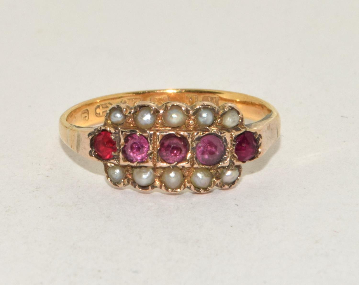 Antique set 22ct gold Ruby and Seed Pearl ring 2.1g size N