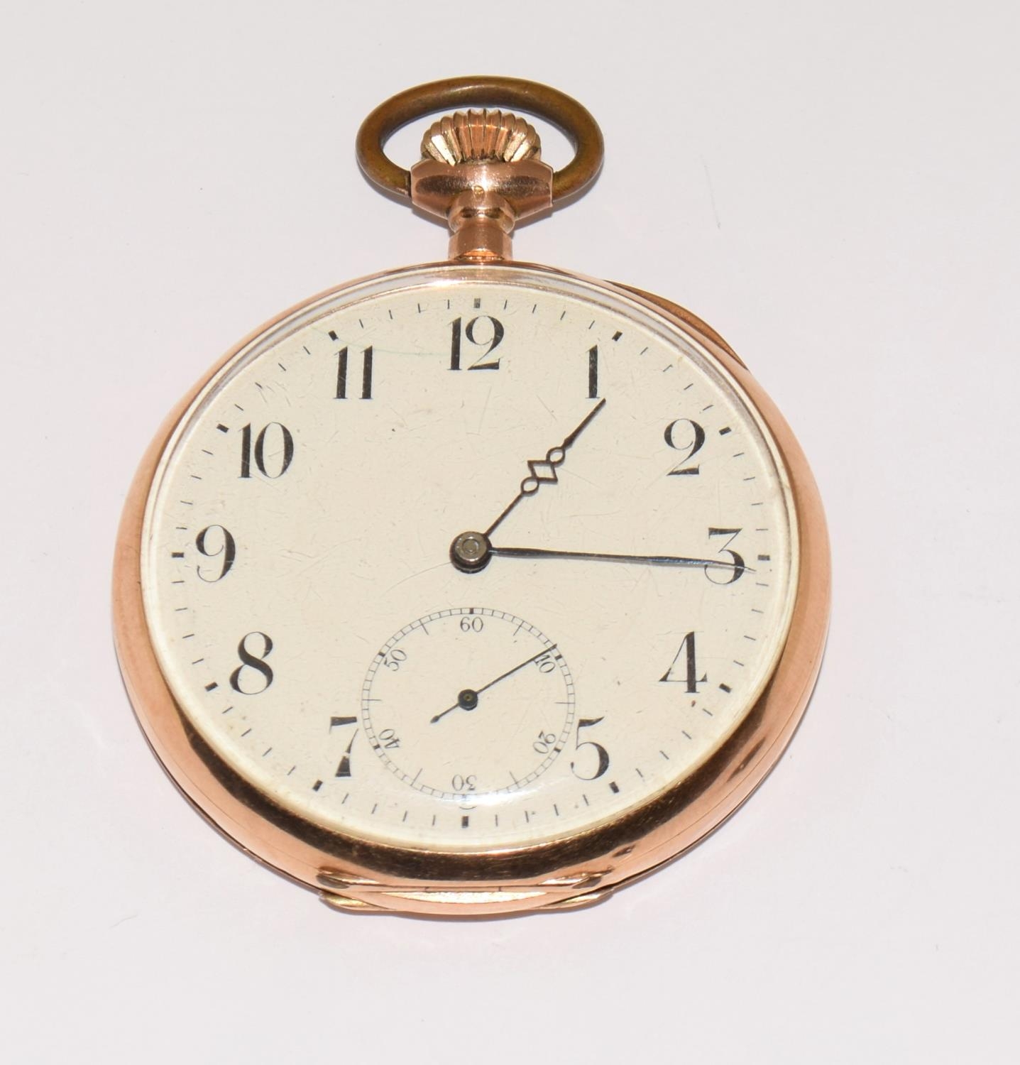 14ct gold open face pocket watch with subsidiary dial working when catalogued 63g