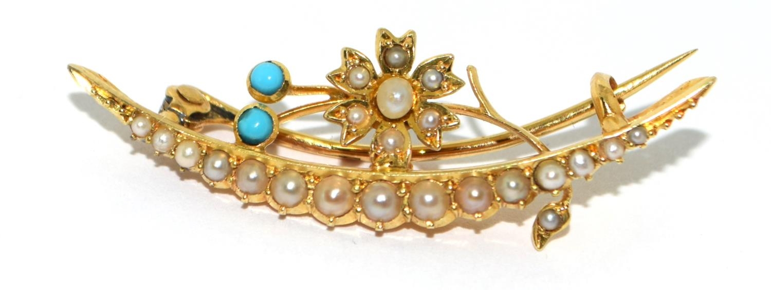 Yellow metal high value gold Turquoise and Pearl 1/2 moon brooch 3.3g - Image 5 of 5