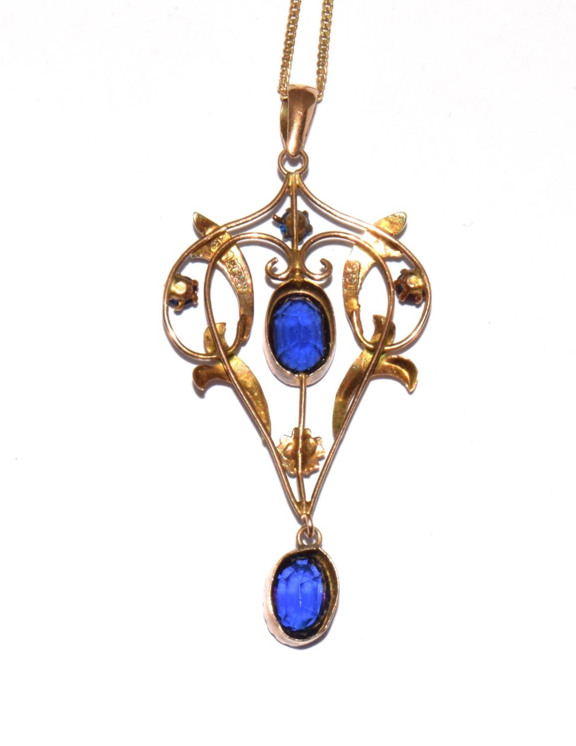 9ct gold Belle Epoque pendant set with blue stones and pearls on a gilded chain - Image 5 of 6