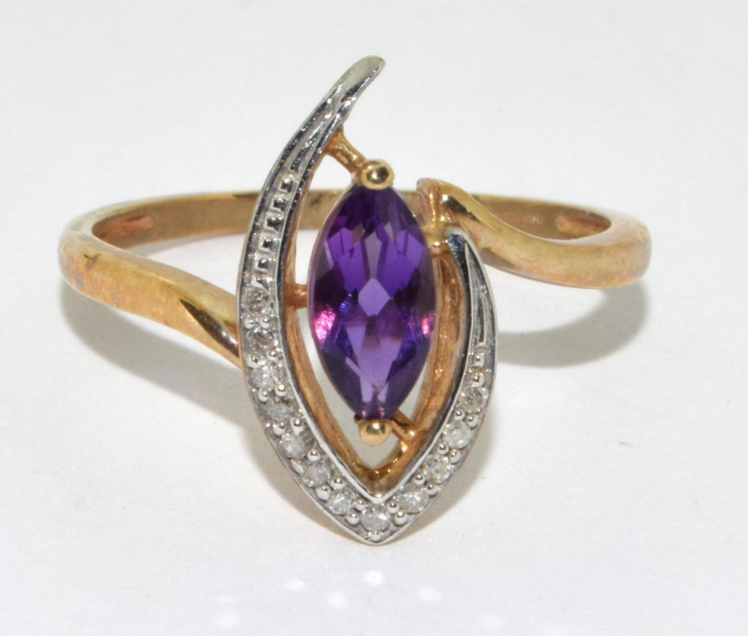 9ct Gold Diamond Marquise Cut Amethyst Earrings, Necklace & Ring Set. Size M - Bild 2 aus 9