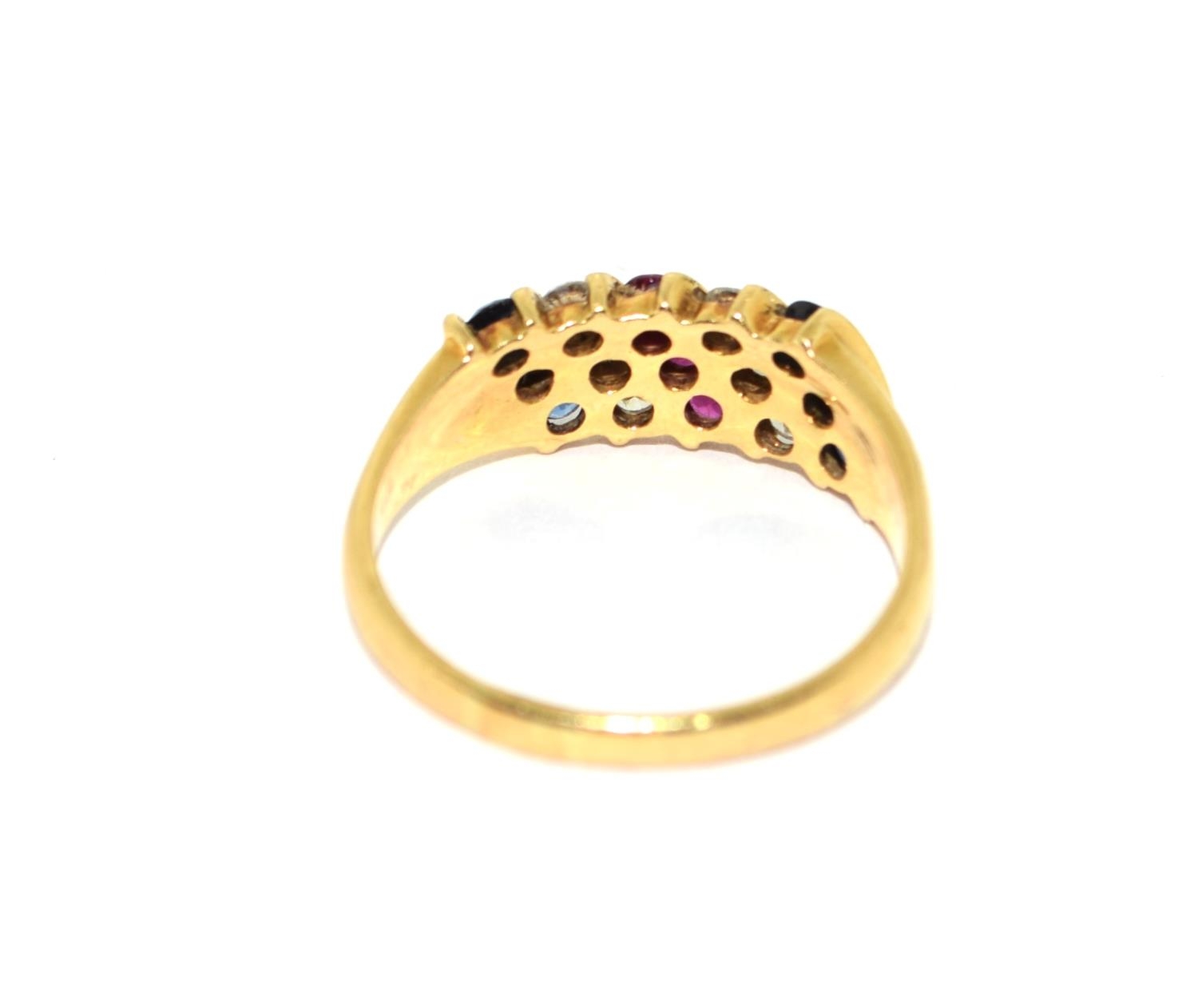 18ct gold Diamond, Ruby and Sapphire ring size P - Image 3 of 5