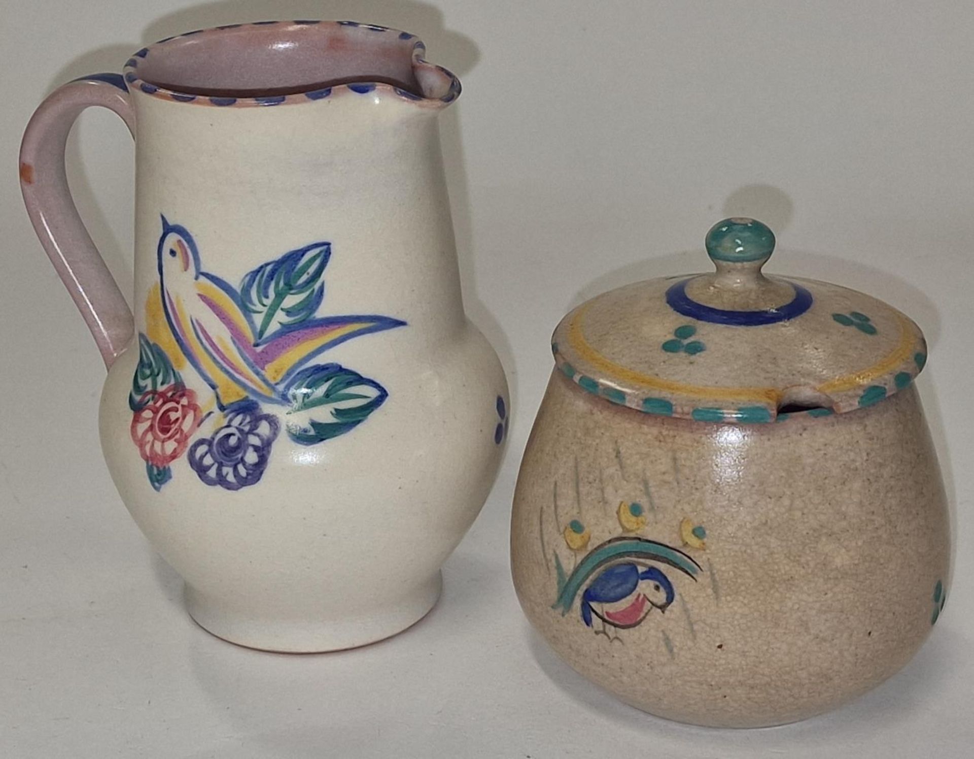 Poole Pottery Carter Stabler Adams WX pattern (Robin in the rain) lidded Jam pot together with a YY - Image 3 of 4
