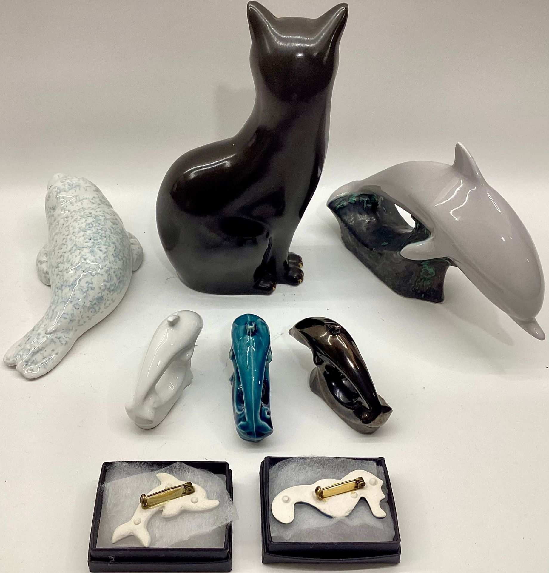 Poole Pottery unusual coloured Dolphin, together with three miniature Dolphins, Seal & small cat, - Image 2 of 3