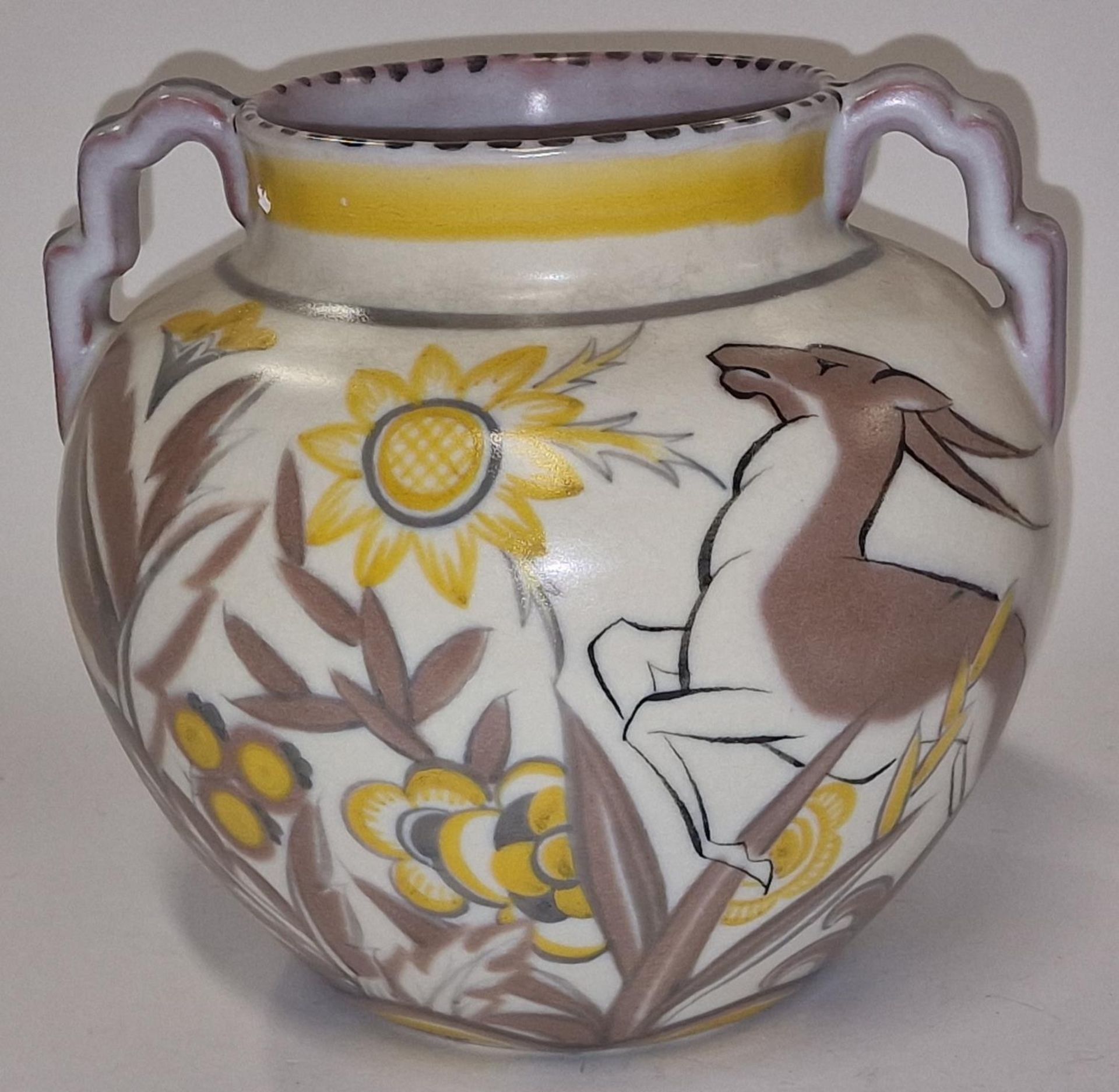 Poole Pottery Carter Stabler Adams shape 973 NO pattern twin step-handled vase decorated by Anne